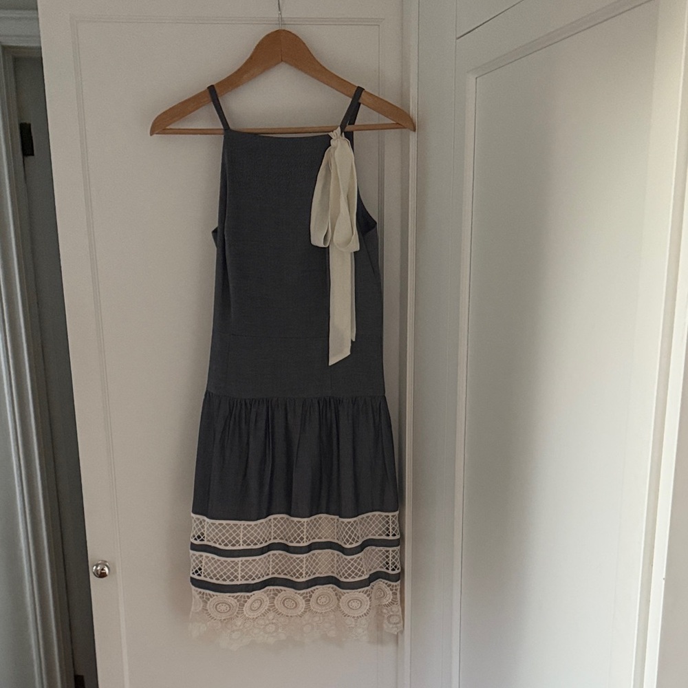 Ann Taylor Dark Grey Dropped Waist Dress Crocheted Detail High Neck